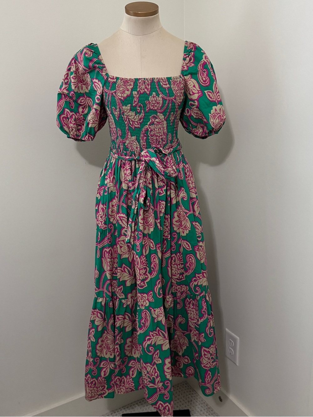 Flying Tomato Small Green & Pink Floral Puff Sleeve Smocked Midi Maxi Dress